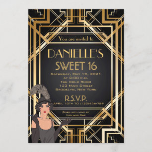 Stor Gatsby Inspirerad Art Deco Sweet 16 Inbjudan
