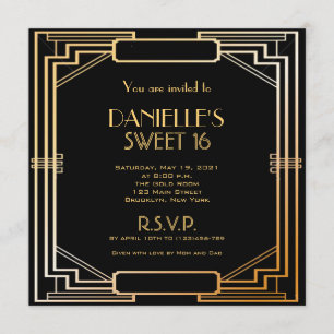 Stor Gatsby-inspirerad Art Deco Sweet 16-inbjudan Inbjudningar