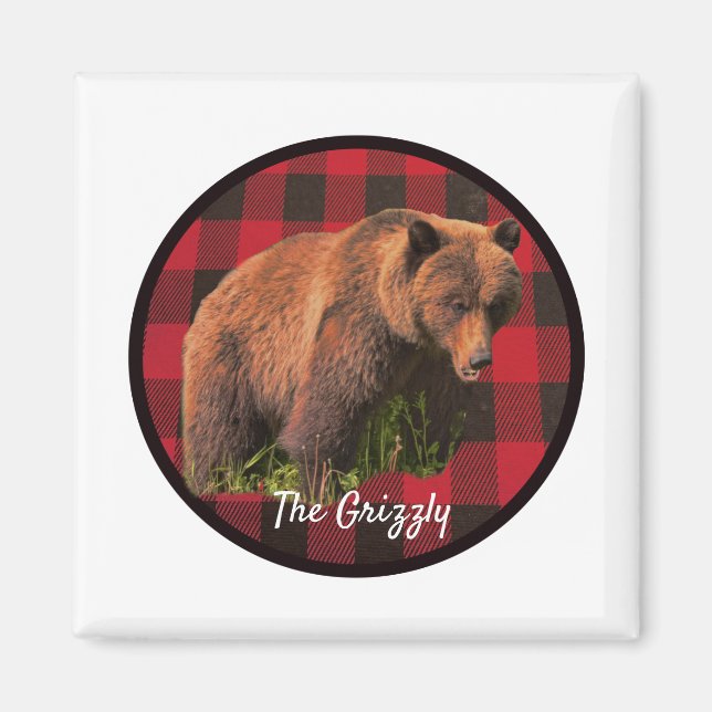 Stor Grizzlybjörn Buffalo Plaid Magnet (Framsidan)