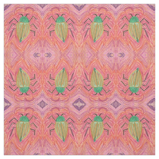 Stor Grönt Beetle Kryp på Röda Rand Tyg (Provkarta)