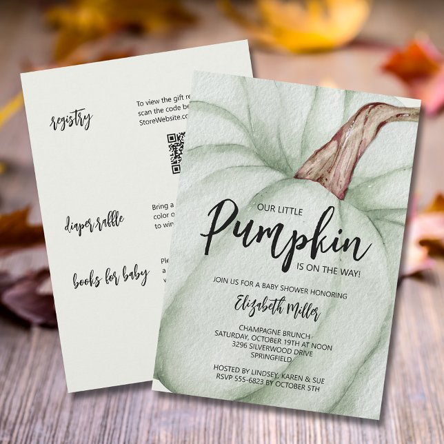Stor Grönt Pumpkin Baby Shower allt i ett Inbjudningar (Green pumpkin baby shower all in one invitations,  registry, diaper raffle & books for baby on back)