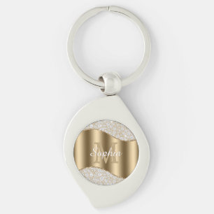 Stor Guld Monogram, vit skript Namn, diamanter K Swirl Silverfärgad Nyckelring