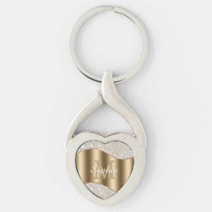 Stor Guld Monogram, vit skript Namn, diamanter Twisted Heart Silverfärgad Nyckelring
