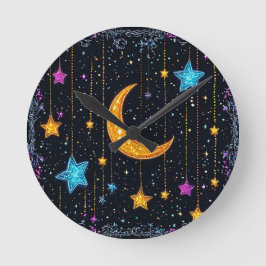 Stor halvmåne och många stjärnor rund klocka