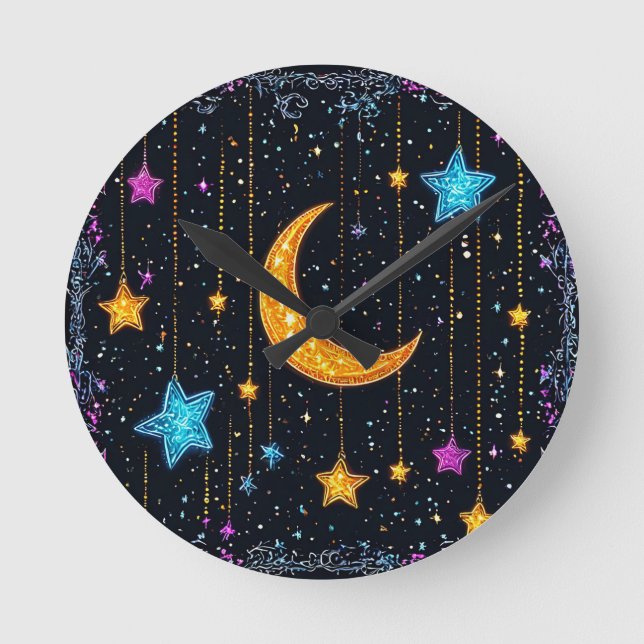 Stor halvmåne och många stjärnor rund klocka (Framsida)