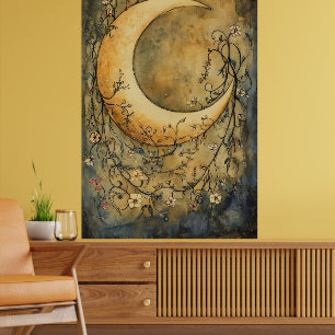 stor halvmåne omgiven av ömtåliga blommor poster