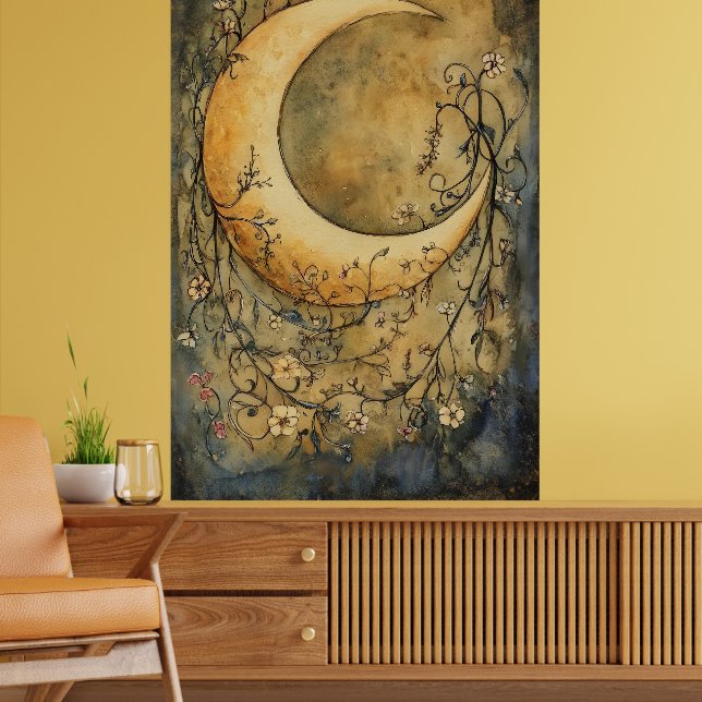 stor halvmåne omgiven av ömtåliga blommor poster (Vardagsrum 2)