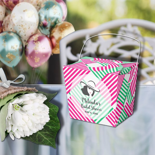 Stor Hatt Derby Dam Hot Pink Gröna Ränder 2" Presentaskar (Big Derby hat lady on hot pink and green diagonal stripes takeout style bridal shower favor boxes)