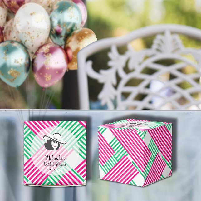 Stor hatt Derby dam rosa gröna ränder fyrkantig Presentaskar (Big Derby hat lady on hot pink and green diagonal stripes square bridal shower favor boxes)
