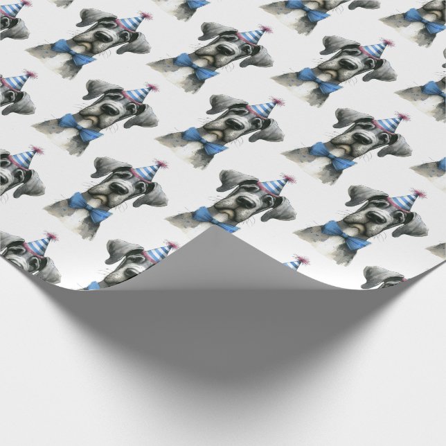Stor hund i liten födelsedagshatt och flugknäpp presentpapper (Hörn)