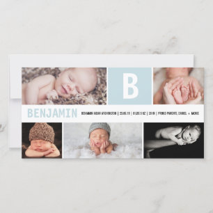 Stor Initial Bebis Pojke Monogram 5 Foto Blå Födel Meddelande