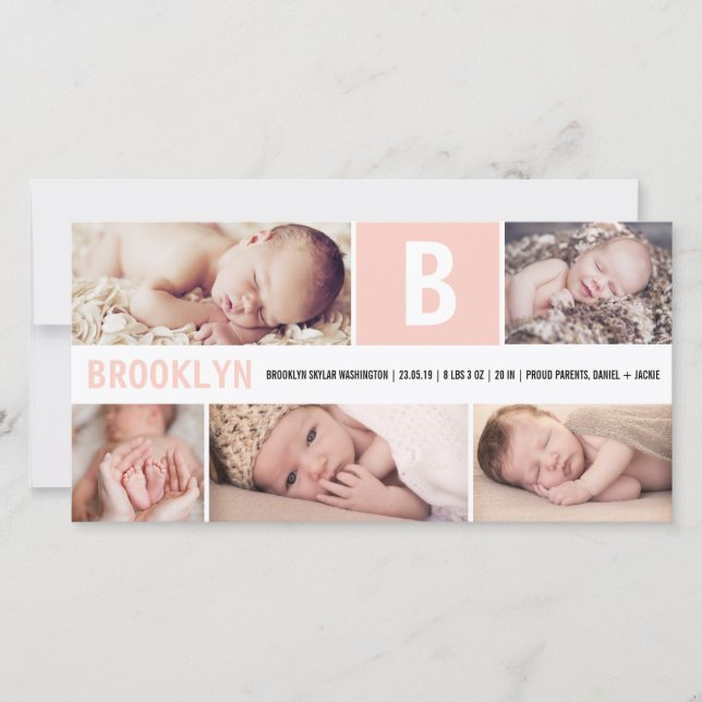 Stor Initial Rosa Baby Monogram 5 Multi Foto Födel Meddelande (Framsida)