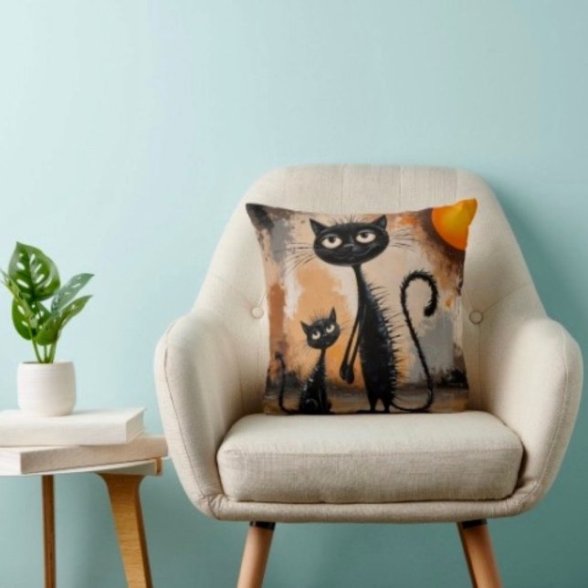 Stor katt Liten katt Halloween  Kudde (Throw Pillow 100% polyester heavyweight stretch material. Hidden zipper Made in the USA.
)