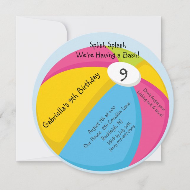 Stor ljus inbjudan för strandbollfödelsedag (Framsida)