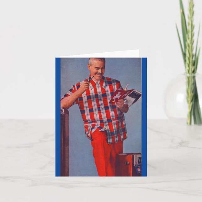 stor man i rött och pläderat kort (Framsida)