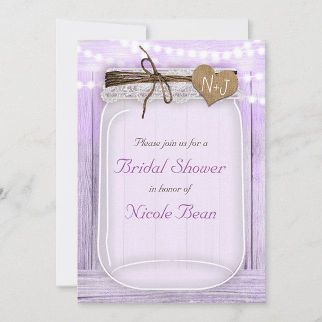 Stor masonburk & lampor lila lila rustik inbjudningar (Framsida)