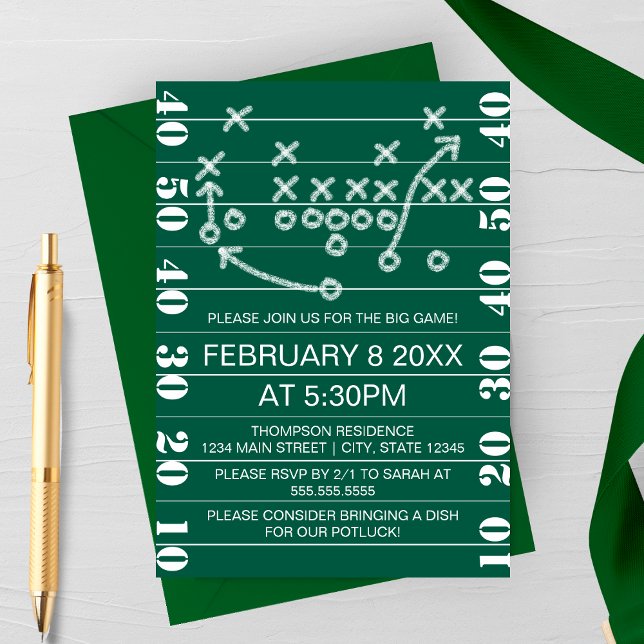 Stor Match Fotboll Spel Diagram Fest Inbjudan (Big Game Football Watch Party Invitation with Football field, and game play )