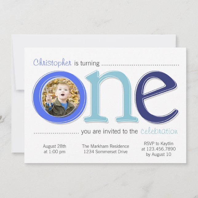 Stor med kortet för fotoutklippfödelsedag - blått inbjudningar (Framsida)