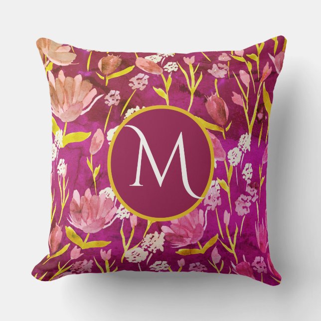 Stor monogram första Romantic Burgundy-Blommigt Kudde (Framsida)