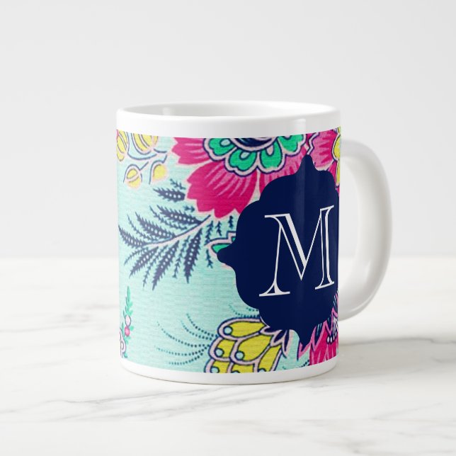Stor mugg med flickigt blommigt paisley-monogram jumbo mugg (Framsida höger)