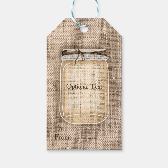 Stor murarvaska med burlap och spets lantlig bröll presentetikett (Framsidan)