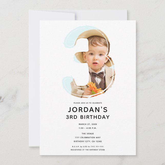 Stor nummer 3, TRE foto Tredje födelsedagen Party Inbjudningar (Framsida)