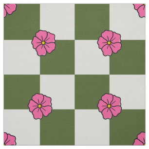 Stor Oliv Rosa Blommig Rutig Tvillingväv Tyg
