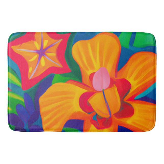 Stor orange tropiska blommor Bath Mat Badrumsmatta (Framsidan)