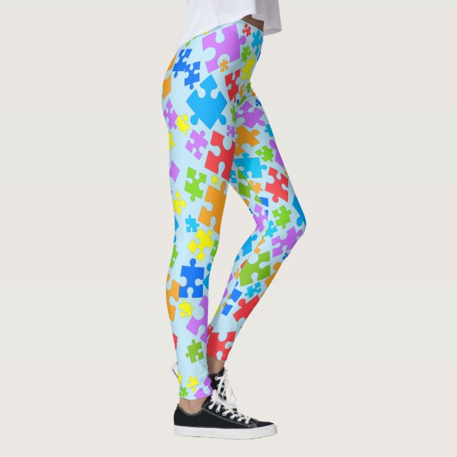 Stor Pastel Färg Autism Puzzle Delar på BLUE Leggings (Höger)