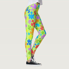 Stor Pastel Färg Autism Puzzle Delar på GRÖNT Leggings