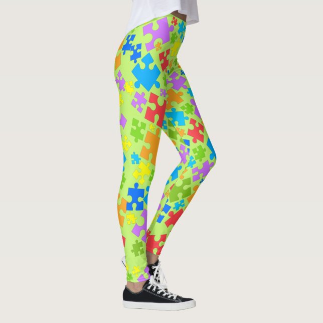 Stor Pastel Färg Autism Puzzle Delar på GRÖNT Leggings (Höger)