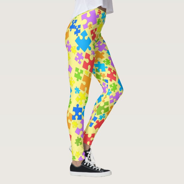 Stor Pastel Färg Autism Puzzle Delar på GULT Leggings (Höger)