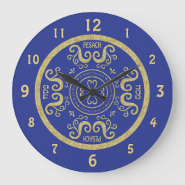 Stor Pesach Round Clock "Blue, Guld Elegant" Klocka