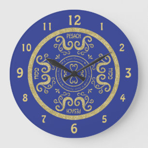 Stor Pesach Round Clock "Blue, Guld Elegant" Klocka