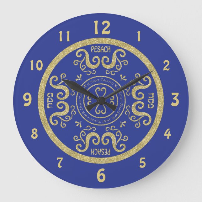 Stor Pesach Round Clock "Blue, Guld Elegant" Klocka (Framsida)