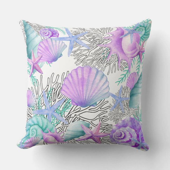 Stor Pillow Lila Rosa Teal and White Seashells Kudde (Framsida)