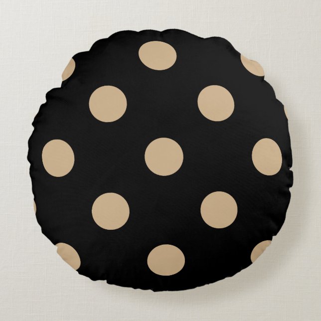 Stor polka dots - solbränna på svart rund kudde (Framsidan)