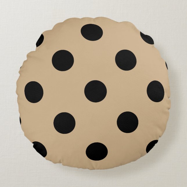 Stor polka dots - svart på solbränna rund kudde (Framsidan)