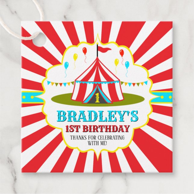 Stor populär cirkus-karnival 1:a födelsedag gåvor etiketter (Framsida)