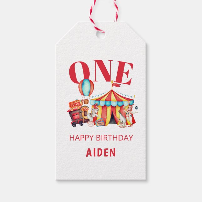 Stor populär cirkus-karnival 1:a födelsedag presentetikett (Framsidan)