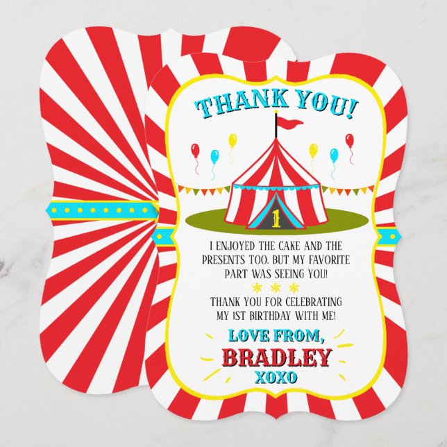 Stor populär cirkus-karnival 1:a födelsedag tack kort (Fram/baksida)
