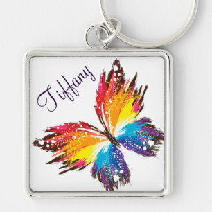 Stor Premium Square Keychain/Butterfly Fyrkantig Silverfärgad Nyckelring