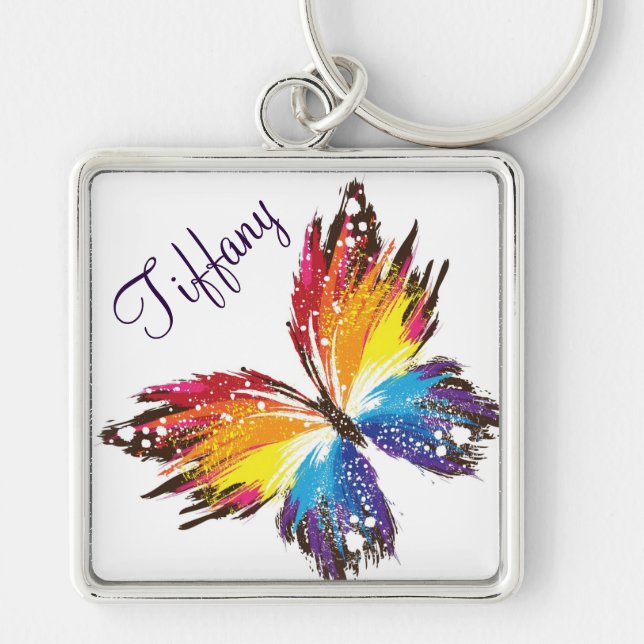 Stor Premium Square Keychain/Butterfly Fyrkantig Silverfärgad Nyckelring (Framsidan)