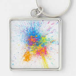 Stor Premium Square-nyckelkedja i Färg Stänk Fyrkantig Silverfärgad Nyckelring