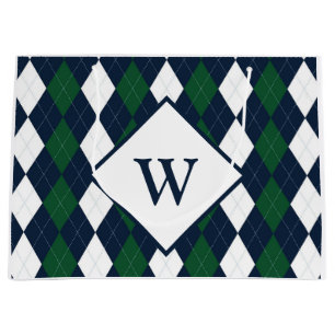 Stor presentpåse med blå och grön argyle-monogram
