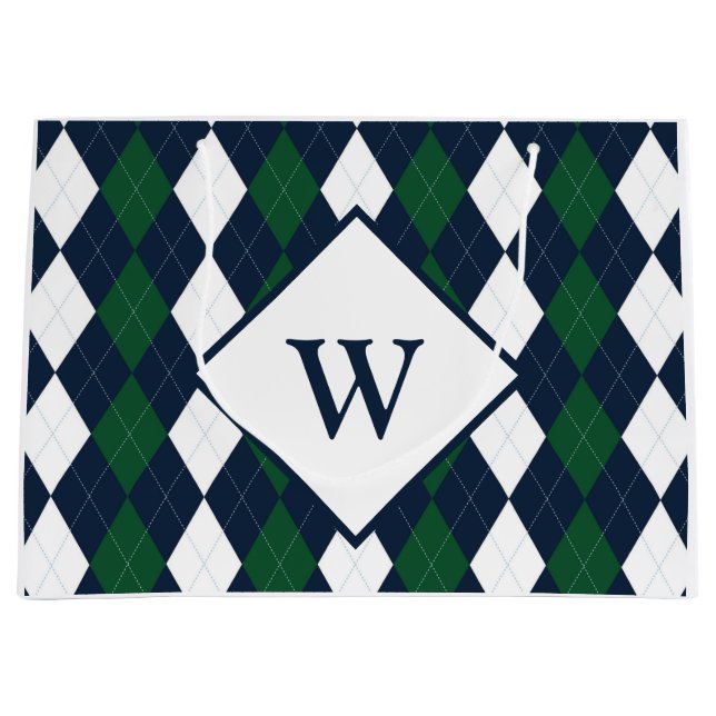 Stor presentpåse med blå och grön argyle-monogram (Framsidan)