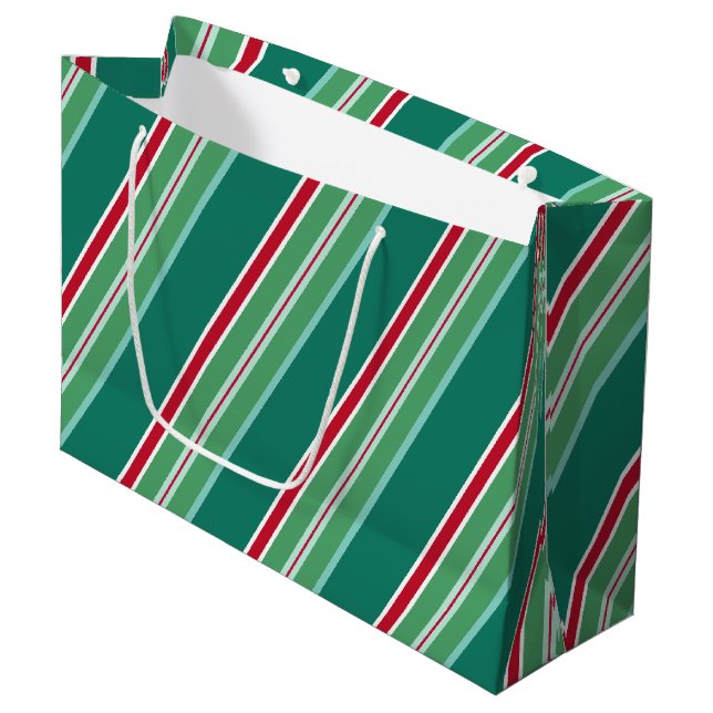 Stor presentpåse med gröna julgodisränder (Framsidan Vinklad)