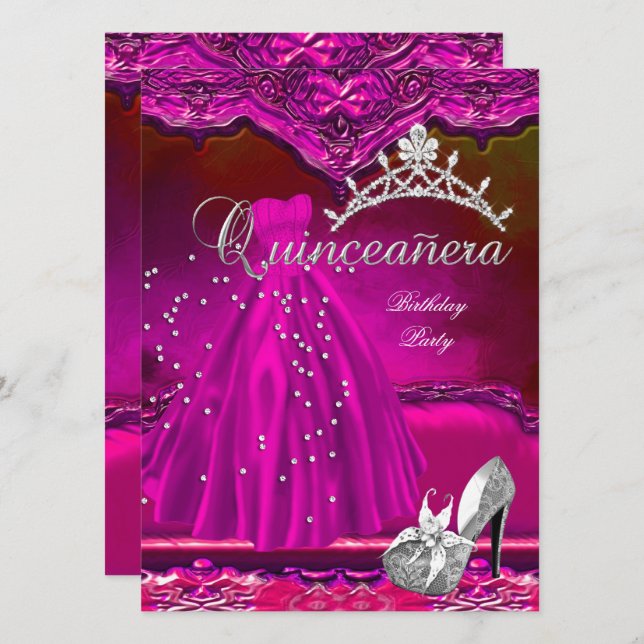 Stor Quinceanera 15-års födelsedagsdräkt i rosa Inbjudningar (Fram/baksida)