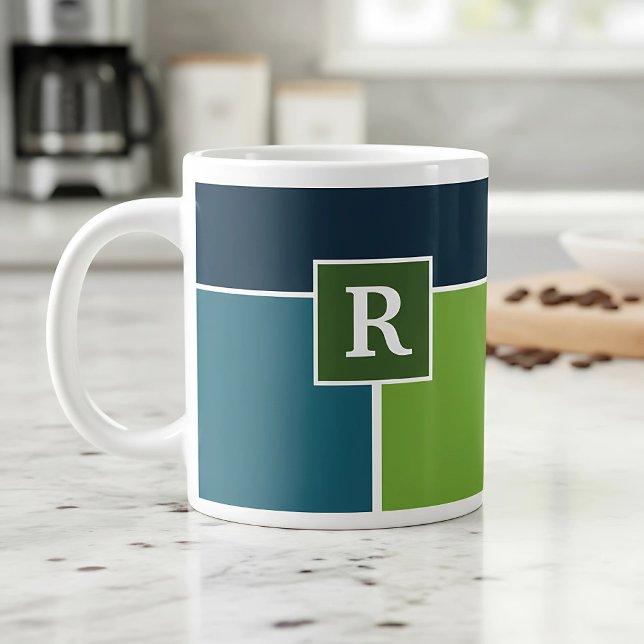Stor Rand i blått och grönt med Monogram Jumbo Mugg (coffee mug in blue and green with monogram)