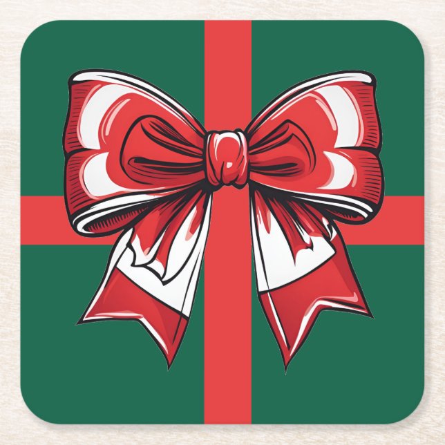 Stor Red Bow-Grönt, juldepå Helgdag Bright Underlägg Papper Kvadrat (Framsidan)